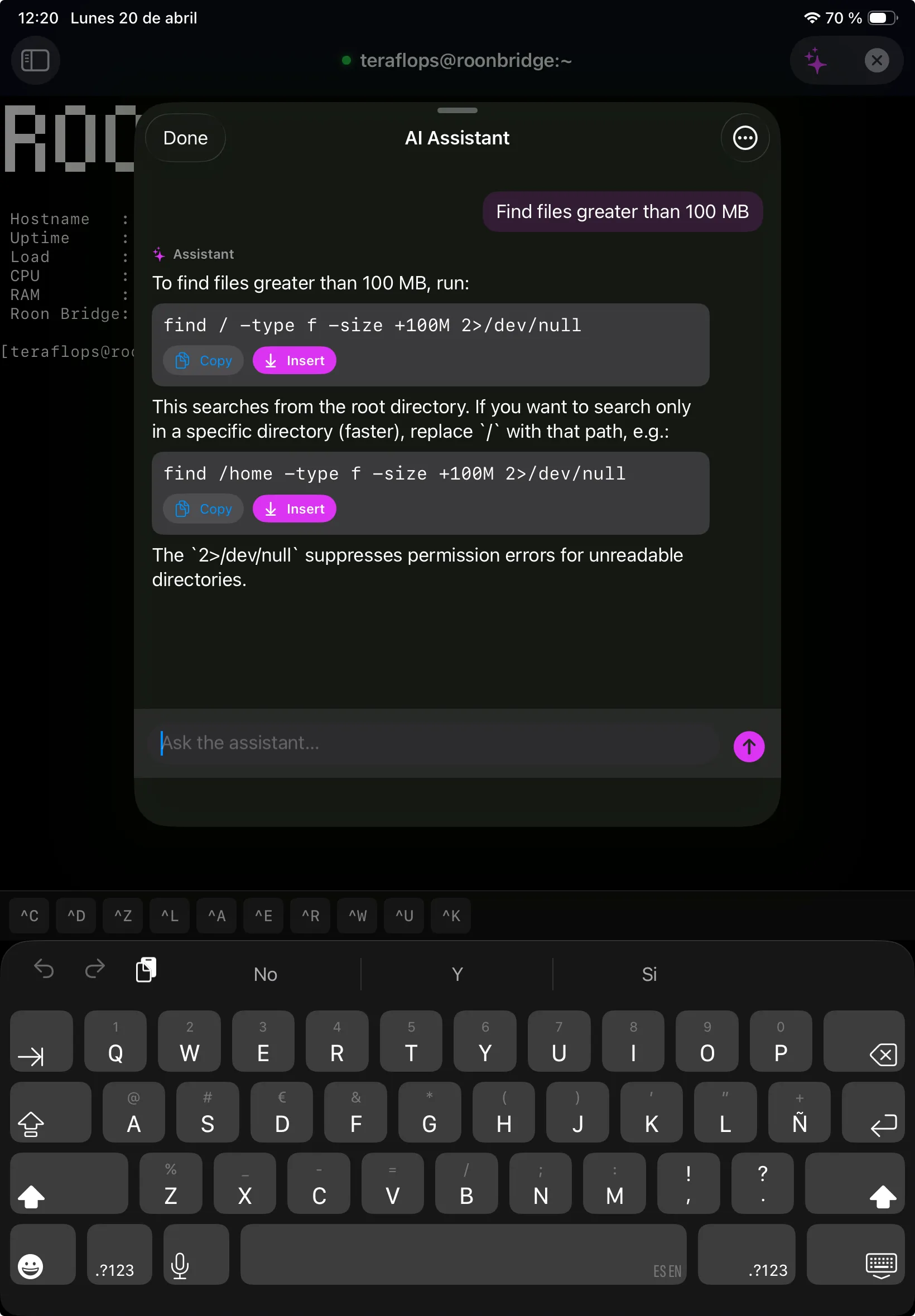 IOSTerm AI Assistant drawer on iPad, answering 'Find files greater than 100 MB' with a find command and Insert button