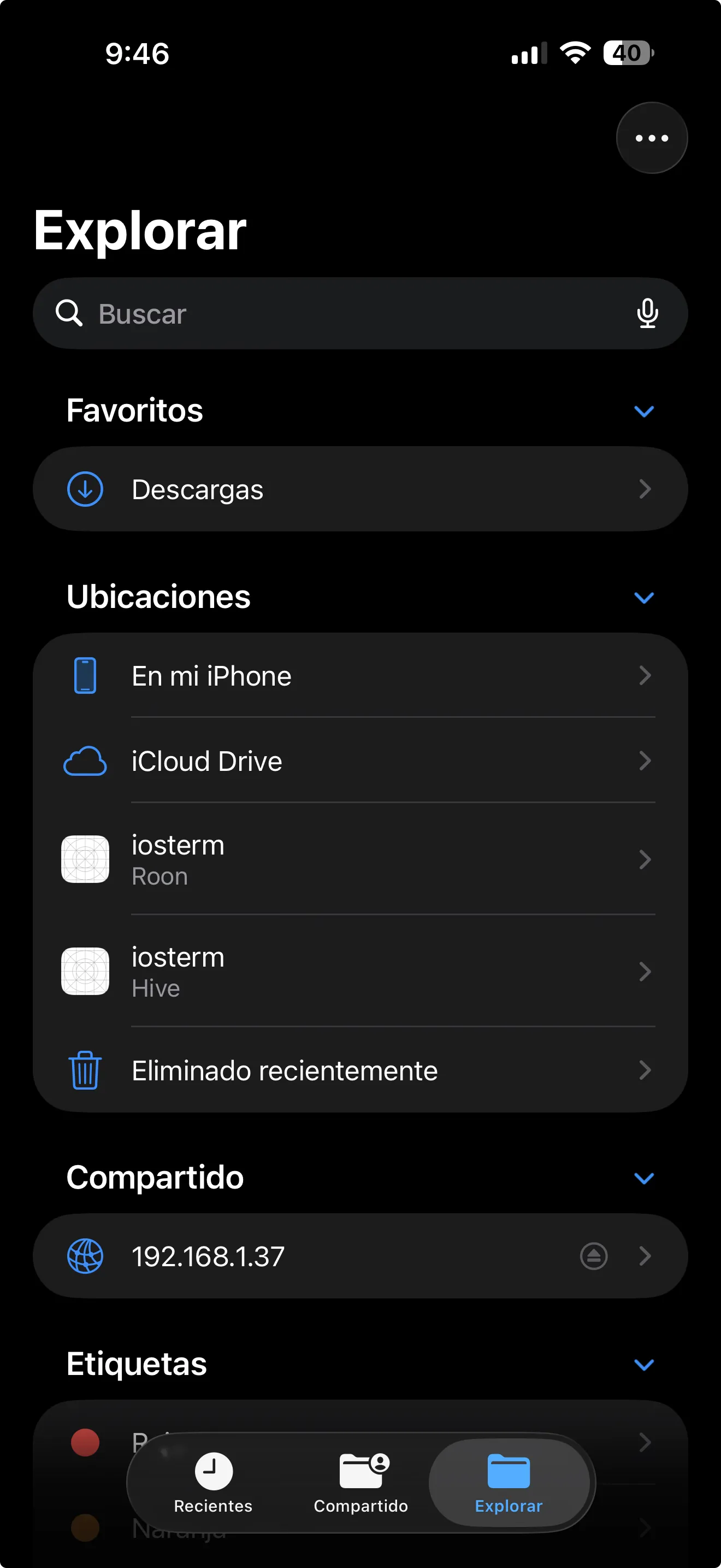 iOS Files app Explorar view showing IOSTerm server locations (Roon and Hive) in the Ubicaciones sidebar