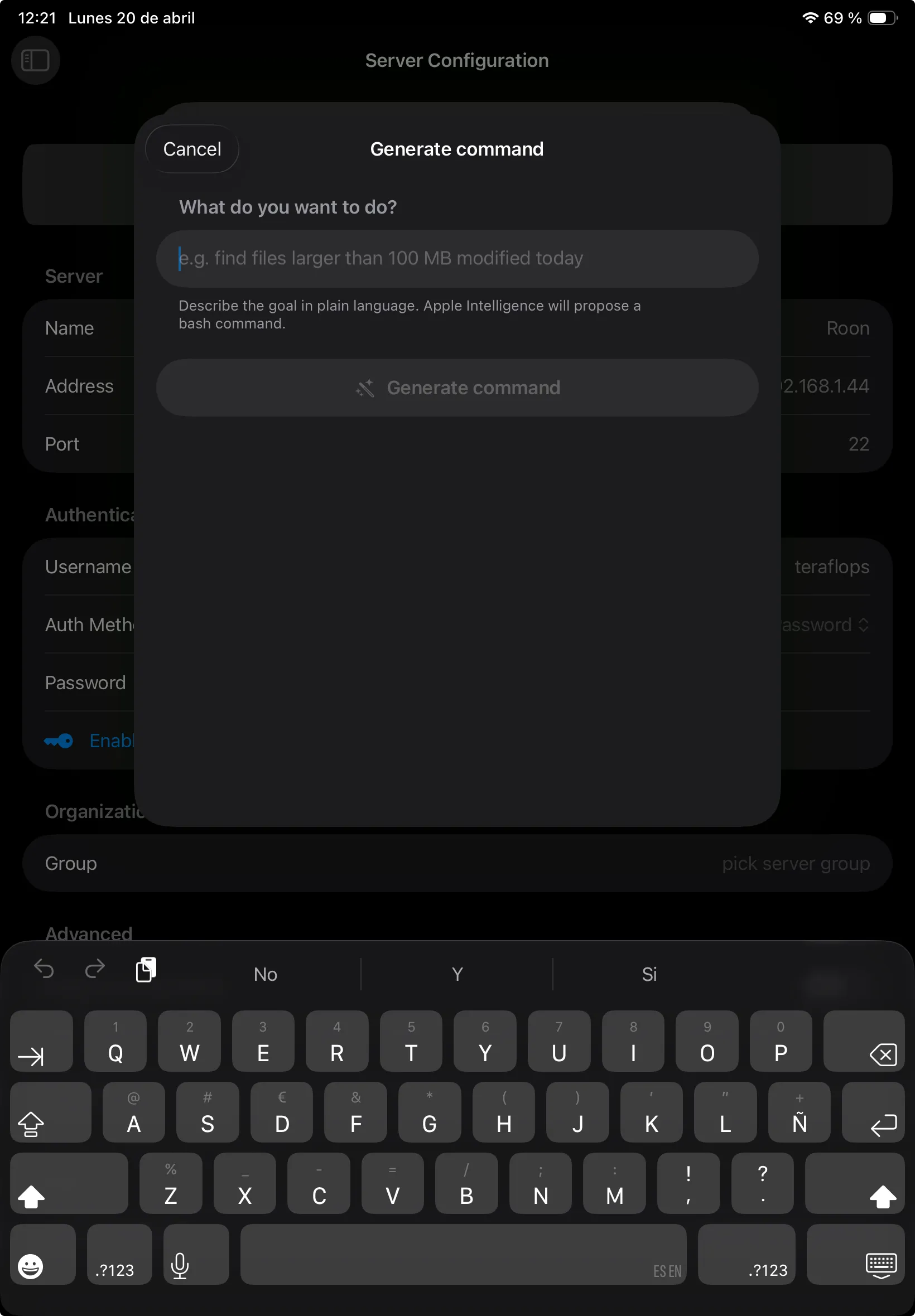 IOSTerm Generate Command modal on iPad with prompt 'Describe the goal in plain language. The AI engine will propose a bash command.'