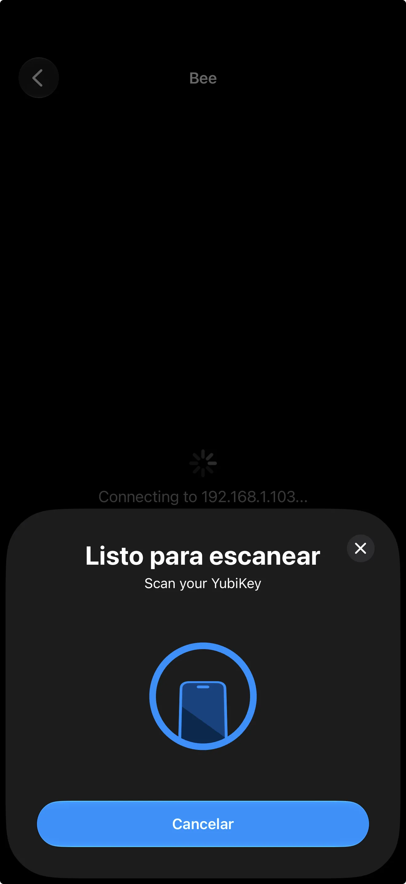 iOS NFC Ready to Scan sheet over IOSTerm while signing in with a YubiKey