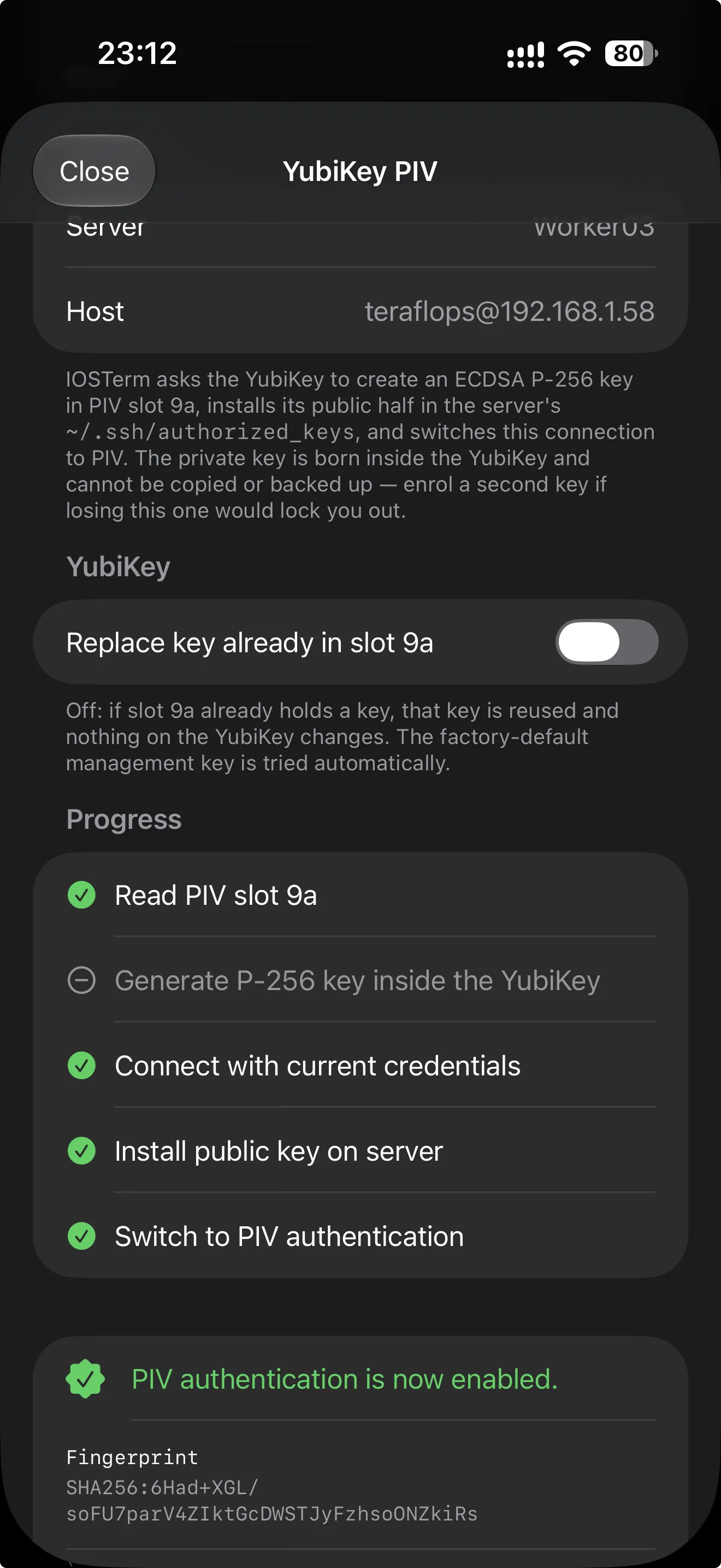 IOSTerm's Protect with YubiKey sheet on iPhone with every step complete: PIV slot read, key reused, connected, public key installed, server switched to PIV, and the key fingerprint shown